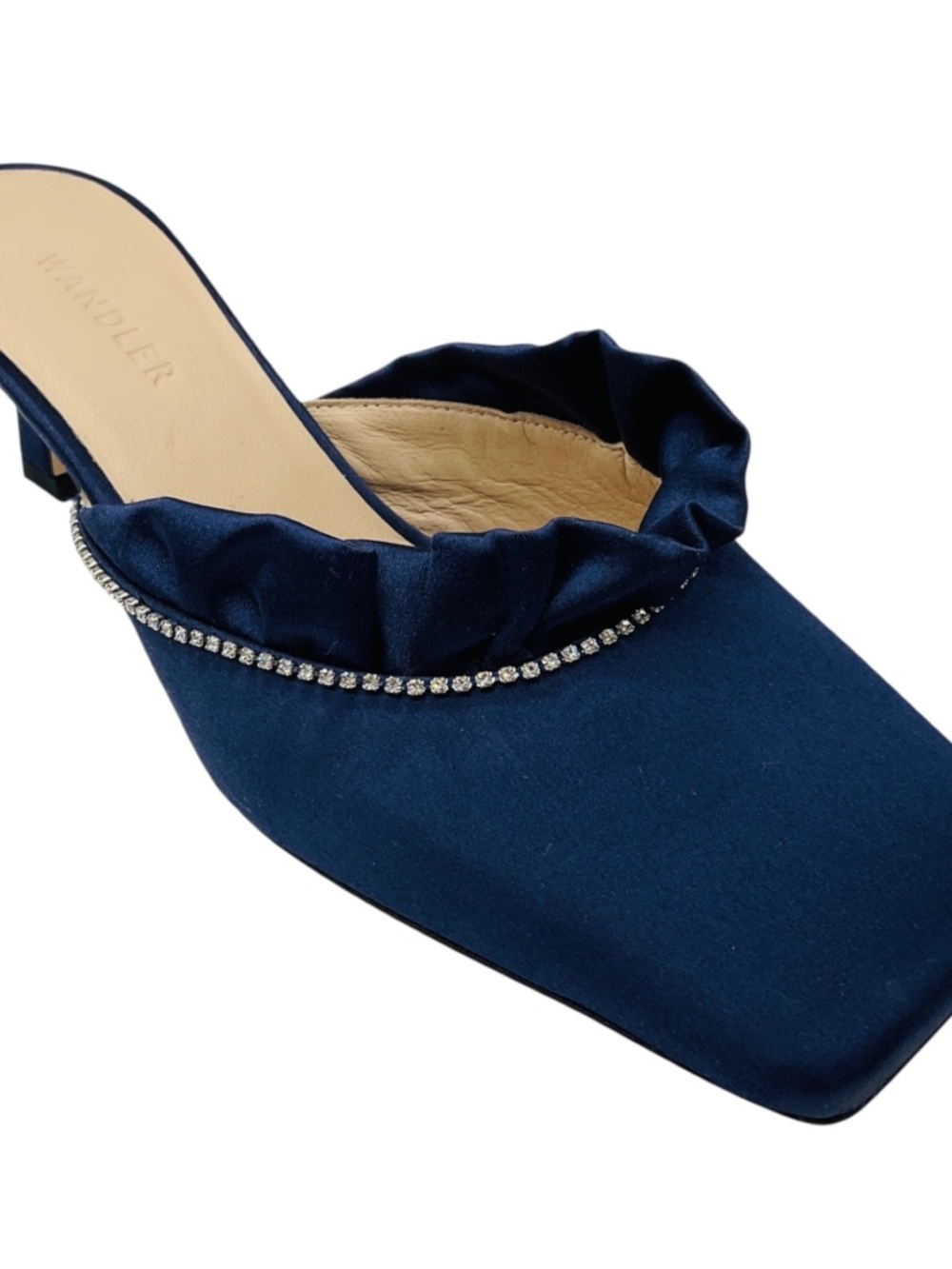 WANDLER NAVY BLUE CRYSTAL EMBELLISHED SATIN MULES